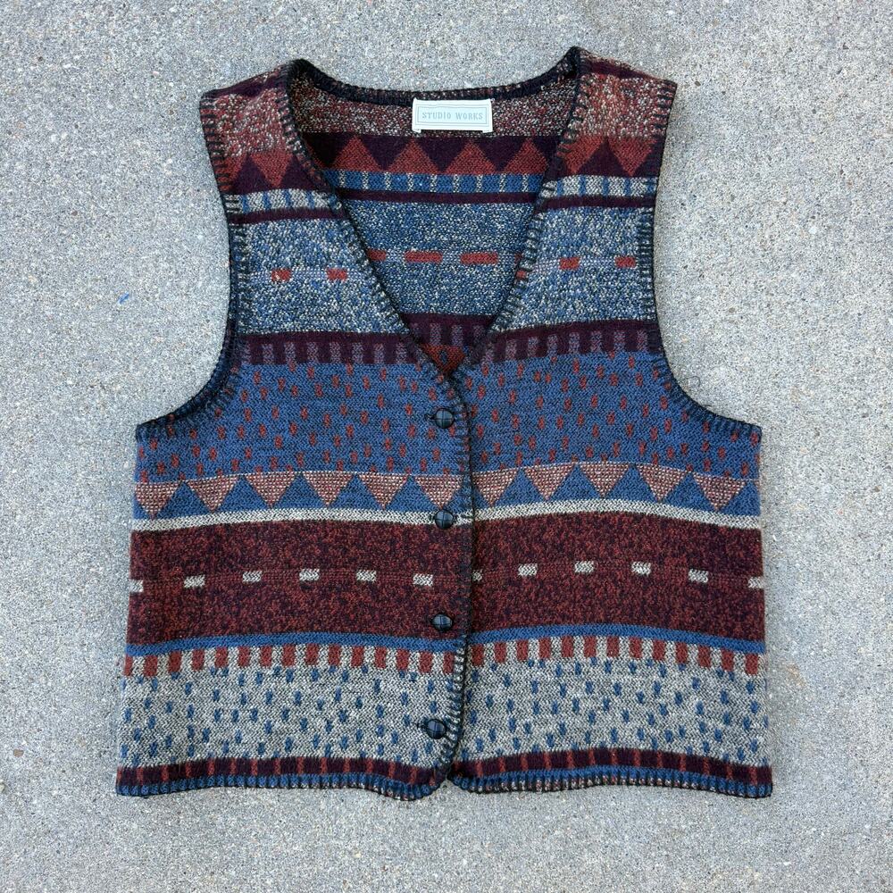 VTG 90s Studio Works Muted Boho Southwest Stripe Saddle Blanket Sweater Vest S